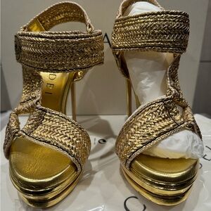 Casadei Gold Stiletto Heels with Woven Straps